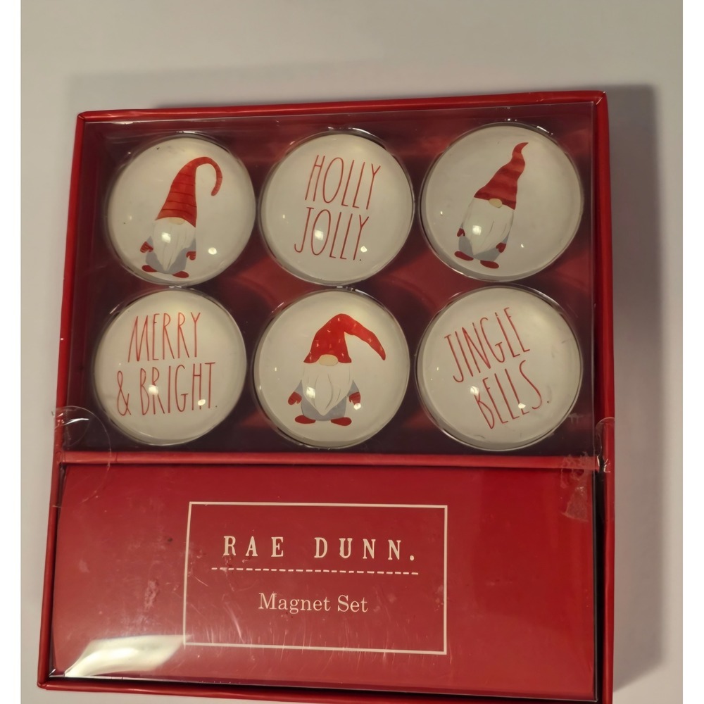 Rae Dunn Christmas Holly Jolly Gnomes Glass Dome Magnet Set of 6 Red Ivory MAG33